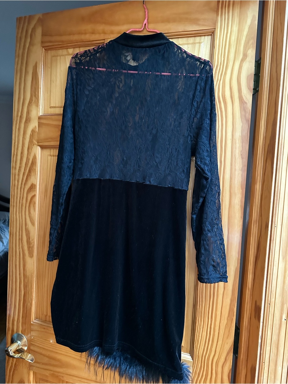 Black Lace & Velvet Long Sleeve Dress with Faux Fur Hem